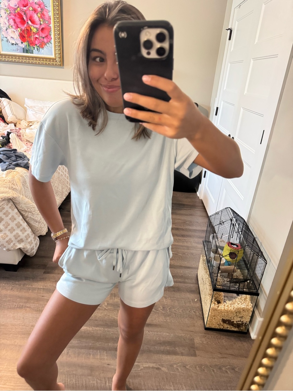 Light Blue Cotton Lounge Set - Short Sleeve Top & Drawstring Shorts